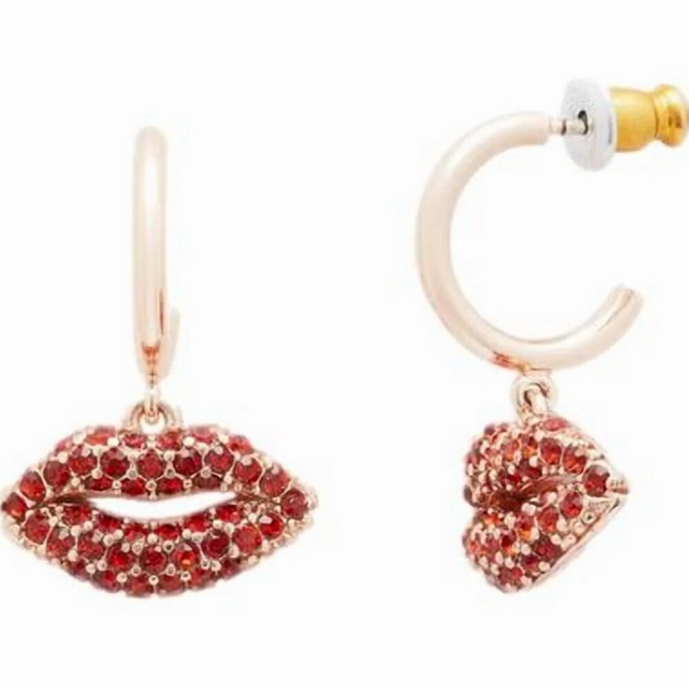 Kate Spade Kiss Kiss Pavé Lips Huggie Earrings in Rose Gold Red Jewelry Gift NEW - Picture 2 of 6